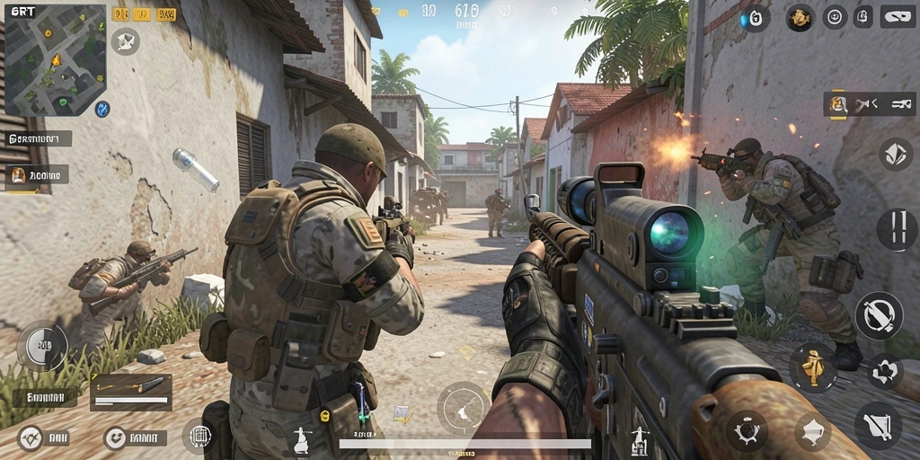 Tampilan gameplay intens di 6RT dengan aksi tembak-menembak yang seru.