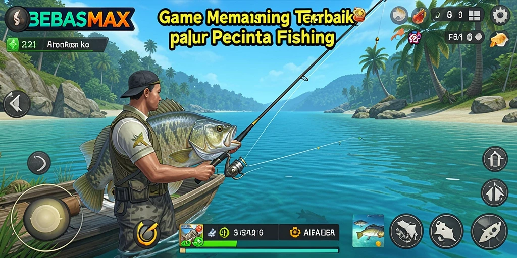 Screenshot utama BEBASMAX menampilkan pemain yang serius menangkap ikan.