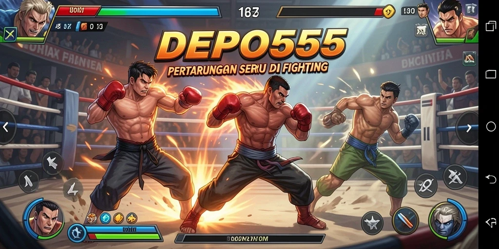 Screenshot utama DEPO555 menampilkan pertarungan seru antar karakter dengan efek visual yang memukau.