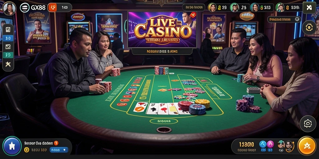 Screenshot gameplay GX88 dengan dealer langsung dan suasana kasino yang mendebarkan.