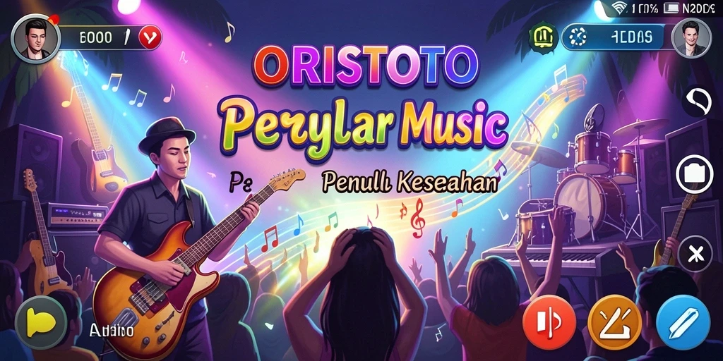 Tampilan gameplay ORISTOTO dengan berbagai alat musik dan lagu.