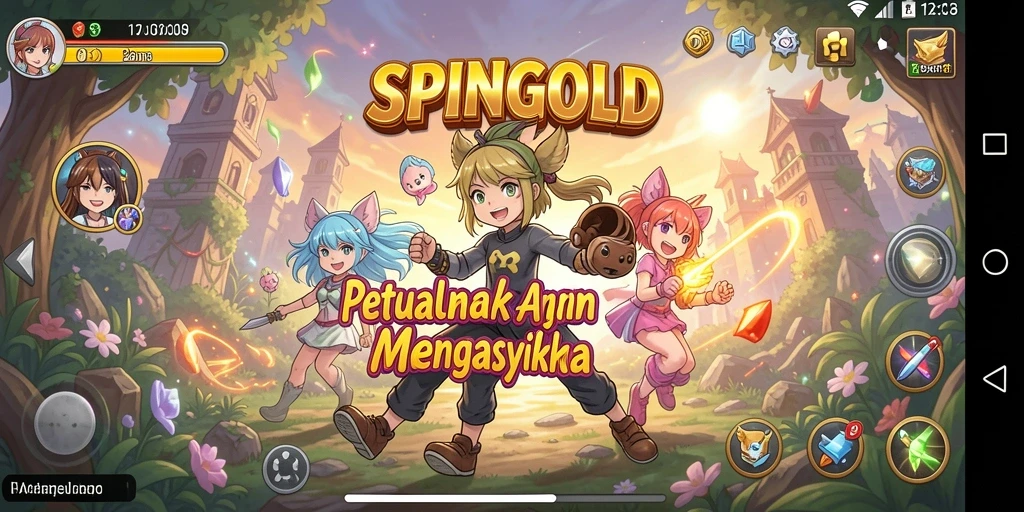 Screenshot menampilkan gameplay SPINGOLD yang penuh warna.