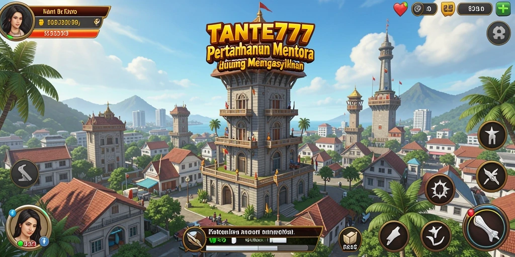 Tampilan gameplay TANTE777 dengan menara dan musuh yang mendebarkan.